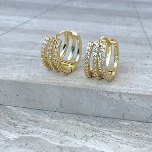 New ~ Anthropologie Triple Pave Crystal Gold Huggie Earrings